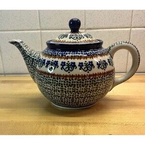Vtg Trad Boleslawiec Polish Pottery Handcrafted Tea Pot MM-59 Green Blue Brown
